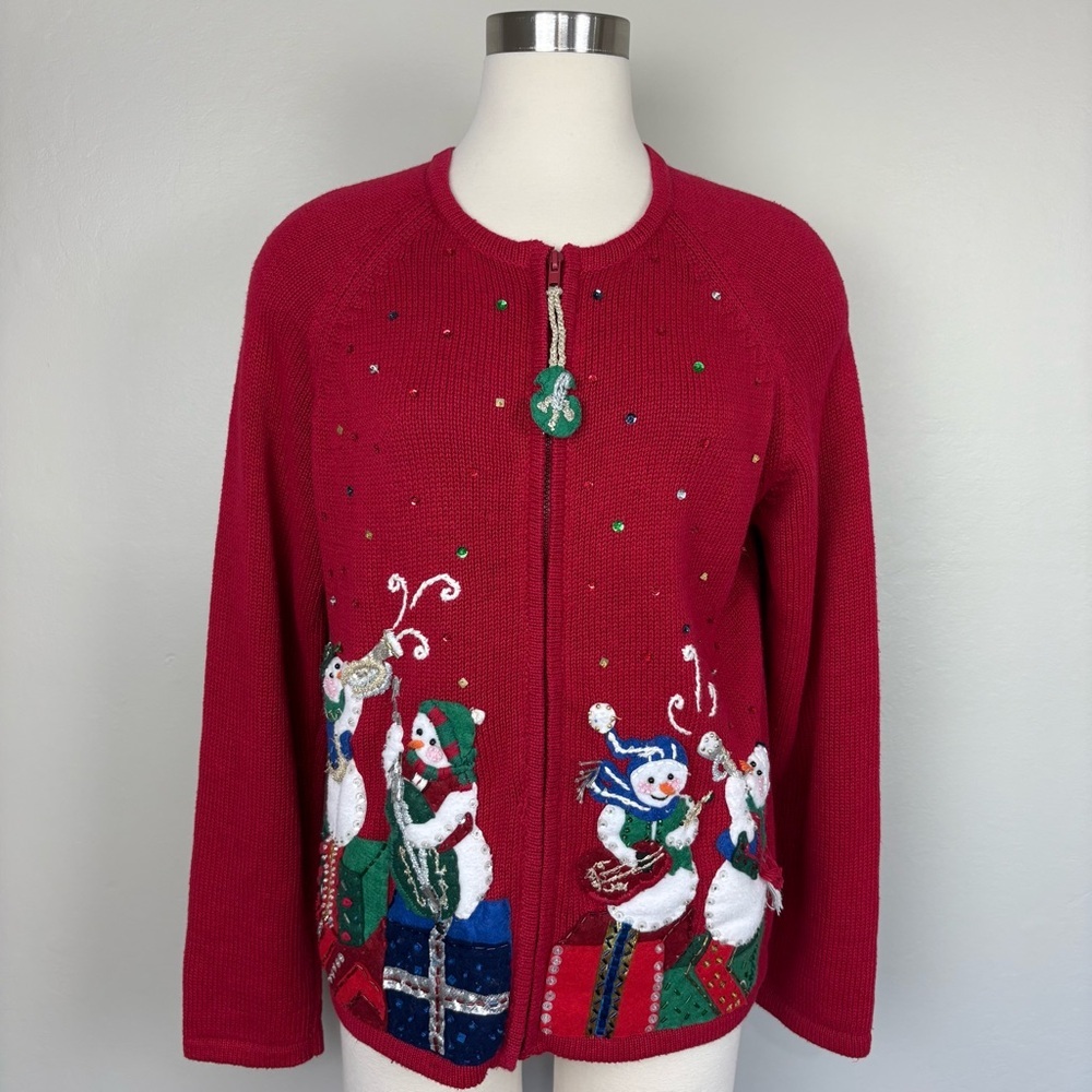 Heirloom Collectibles Christmas Cardigan Size L Full‎ Zip Snowmen Appliques Art